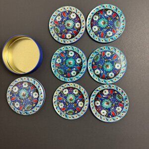 NEW MMA French Iznik-style Blue Tin Coasters  Metal & Cork SET OF 6